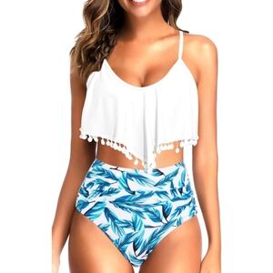 Tempt Me High Waisted Flounce Pom Pom Bikini Set Blue & White Size M